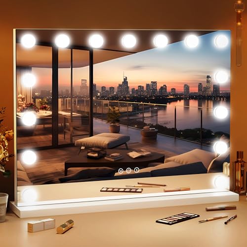 Image of ROLOVE 23 inchx18 inch Hollywood Vanity Mirror with Lights, 15 Dimmable LED Bulbs, led Makeup Mirror with 3 Color Modes, Lighted Vanity Mirror for Tabletop or Wall-Mounted