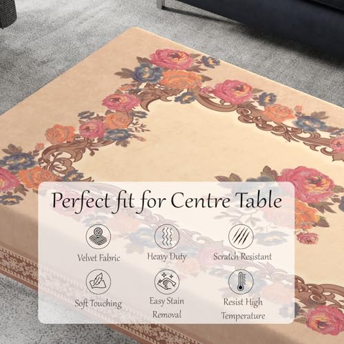 Image of Cloth Fusion Rectangular Velvet Floral Centre Table Cover Cloth, Table Cloth With Elegant Floral Pattern For Living Room (40x60 Inch, Peach)