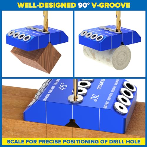 BLEKOO Blue Angled Drill Guide Jig with 4 Bits for Wood Posts & Cable Railing Lag Screw Kit, Durable All Metal Drill Jig for Drilling 30°, 45°, 90° Degree Angle Holes