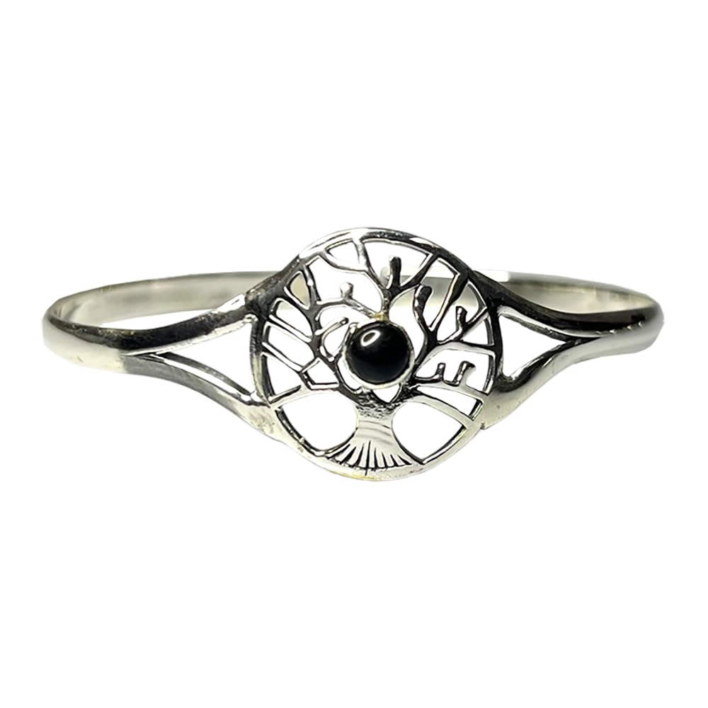 VIE Silver Plated Adjustable Tree of Life Cuff Bangle, Black Agate