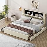 SOFTSEA King Size Bed with Twin Trundle & 2 Storage Drawers, Faux Leather Bed with Storage Headboard and Shelves, King Upholstered Platform Bed with Trundle and Storage for Bedroom, Beige