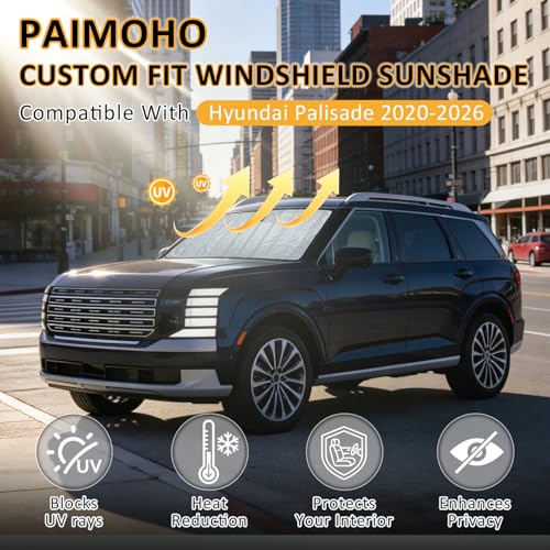 Image of Thickened Windshield Sun Shade for Hyundai Palisade 2020-2026 | Accordion Front Window Sunshade Aluminum Reflective UV Protection Shield, Foldable Sun Visor with Storage Bag Car accessories