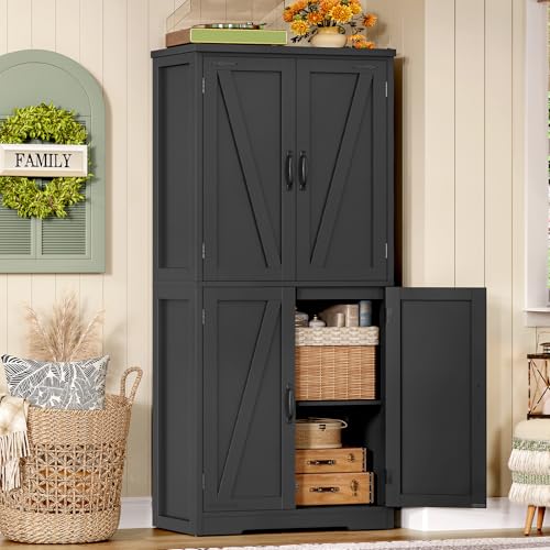 Image of TEENFON 58 inch H Storage Cabinet with Adjustable Shelf, Kitchen Cabinet with 4 Doors, Farmhouse Pantry Cabinets, Cupboard for Kitchen, Bathroom, Living Room, Black