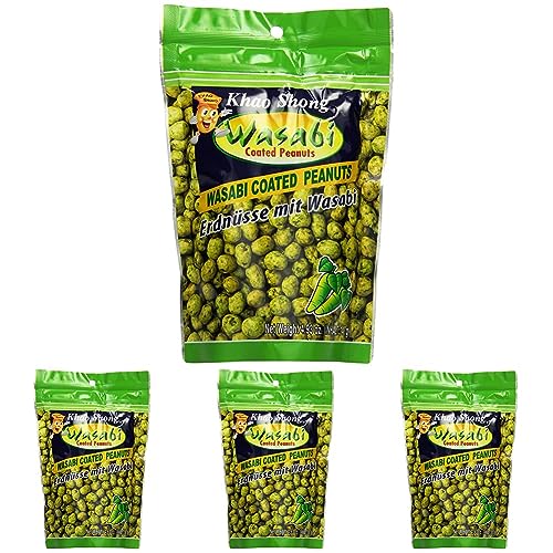 Khao Shong Erdnüsse mit Wasabi, knackige Erdnüsse im scharfen Teigmantel, knusprige Snacks für unterwegs, mittlere Schärfe, 1 x 140 g Standbeutel (Packung mit 4)