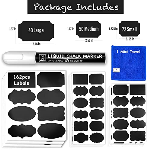 Chalkboard Labels For Jars 162Pcs - Waterproof Reusable Chalk Sticker Labels For Containers Storage Jars - 12 Unique Shapes & 3 Sizes Includes Erasable Liquid Chalk Marker & Mini Towel (Pack Of 162) #TOP4