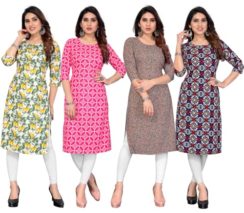 Image of JAKHANA Women's Crepe Printed Casual Straight Calf Length Round Nick Kurta Pack of 4