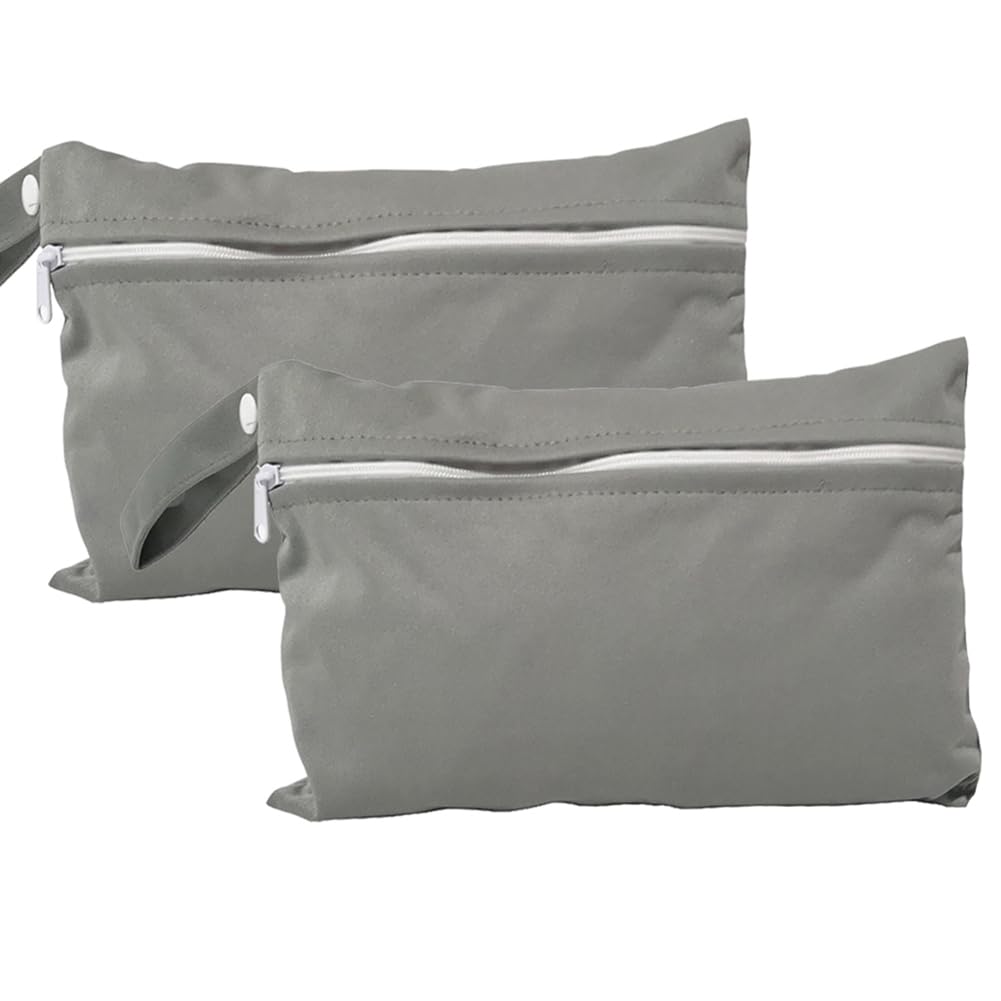 Wet Dry Bags 5.9 × 8.8 in 2 Pack Small Waterproof Diaper Bag with Single Zipper Reusable Polyester Travel Pouch for Baby Cloth Diapers Swimsuits Makeup Toiletry Storage (Grey)