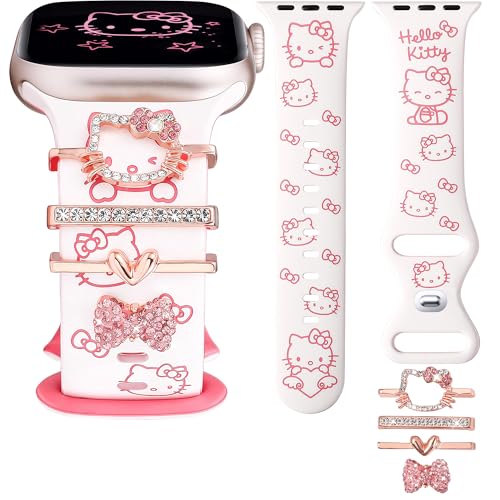 Girovo Cute Cat Engraved Band with Charms Compatible with Apple Watch Bands for Women 40/38/41/42mm Funny Cartoon Soft Silicone Sport Strap +Decorative Ring Loops Studs for iWatch Series 11-1/SE