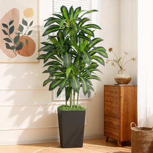 Image of 5FT Artificial Dracaena Tree - High-Density Foliage Fake Plant with Black Tall Planter - Faux Yucca Floor Plant for Home Office Decor Indoor