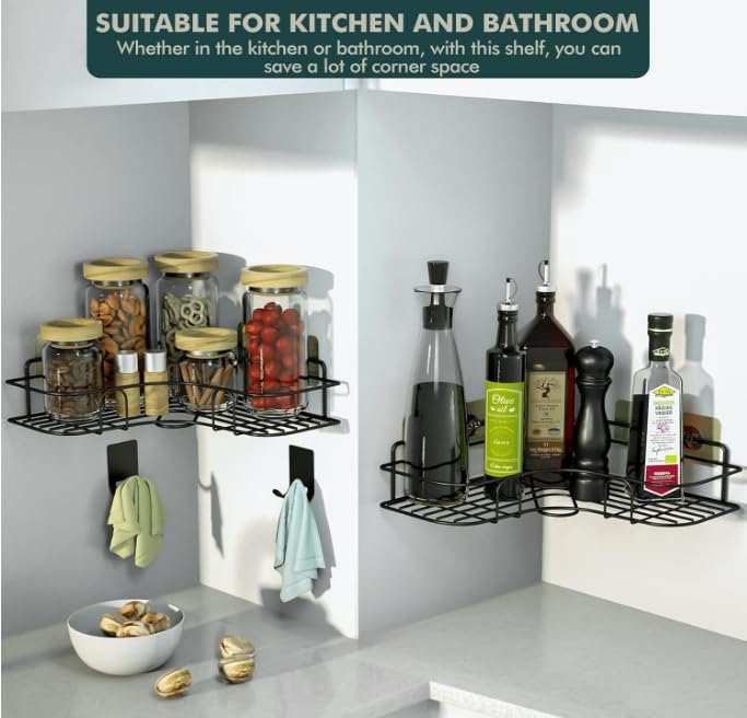 Image of Corner Wall Mounted Storage Rack (Pack of 2) | No Drill Self-Adhesive Bathroom Shelf Organizer | Multipurpose Metal Corner Stand for Kitchen & Bathroom | Black | 10 Inches Both