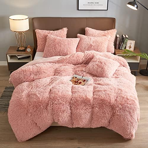 Dekoresyon Plush Duvet Cover Set, Luxury Ultra Soft Pink Velvet Duvet Cover Set Fluffy Plush Shaggy Bedding Sets 4 Pieces (1 Duvet Cover + 2 Pillow Case + 1 Pillow Cover) Zipper Closure (Queen, Pink)