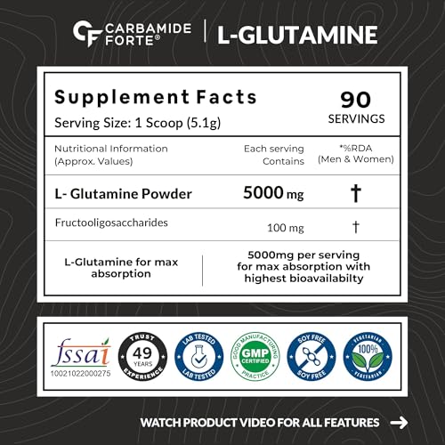 Image of Carbamide Forte L Glutamine Powder 5000mg | L Glutamine Supplement for Men | Post Workout Muscle Recovery Supplements for Men - Unflavoured - 30 SERVINGS - 150g (Pack of 3)