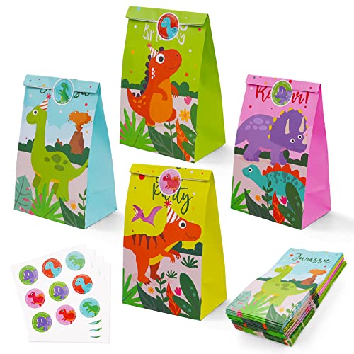 24 Pcs Dinosaur Party Favor Bags with Stickers - Kids Goodie Bags for Dinosaur Birthday Party Dino Goody Candy Treat Paper Bags - Dinosaur Gift Bags for Dinosaur Themed Party Supplies and Favors