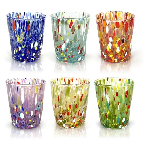 MAZZEGA ART & DESIGN - 6 Goto Tumbler Gläser aus Glas, mundgeblasen und handgearbeitet mit Murano-Murrine - Die Farben von Murano - Wasserglas Tumbler Colombina 350 ml. Made in Italy (6, MIX)