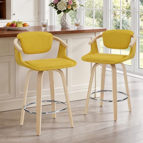 Zouron Swivel Counter Height Stools Set of 2 Upholstered Bar Chairs with Wooden Legs Modern Counter Height Barstools for Kitchen Dining Room Yellow