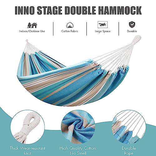Image of INNO STAGE 2 Persons Hammock with Tree Straps - Brazilian Double Hammocks, Portable Hanging Camping Bed for Patio, Backyard, Porch, Outdoor and Indoor Use Soft Cotton Carrying Bag, Blue, XX-Large