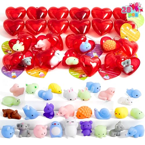 JOYIN 28 Mochi Squishy Toys Filled Hearts and Cards for Kids Classroom Exchange Party Favors, Kawaii Stress Relief Toys for Gift Exchange, Game Prizes and Carnivals Gift