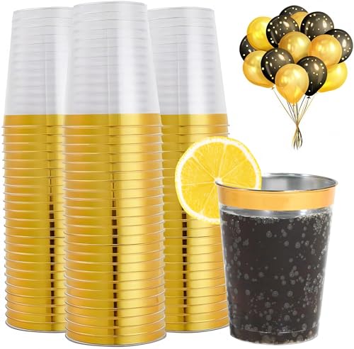 Pecewlos 50 Stück Plastikbecher Mit Golden, 280ml Becher aus Kunststoff Wiederverwendbare Trinkbecher Elegante Party Weingläser für Champagner Bier...