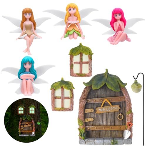 Glowing Miniature Fairy Garden Accessories, 4-Piece Miniature Fairy Figurines Glow in The Dark Fairy Door and Windows for Trees Set, Resin Light Up Sculpture Kit for Outdoor & Indoor Gardens