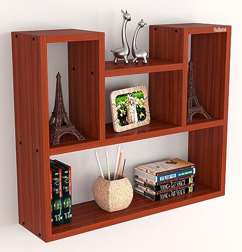 Image of Madhuran Riya Engineered Wood Wall Mounted Books Cum Decorative Items Display Shelf Rack Shelves (60x15x50 CM Teak) Home Decor Items Living Room Office Bedroom Multipurpose Bookends
