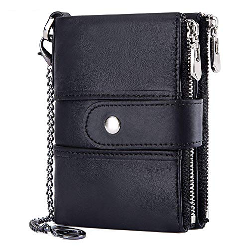 Portefeuille pour Homme en Cuir véritable Souple avec Blocage RFID et chaîne, Double Fermeture éclair, Porte-Cartes pour Homme avec Poche pour Monnaie et 16...