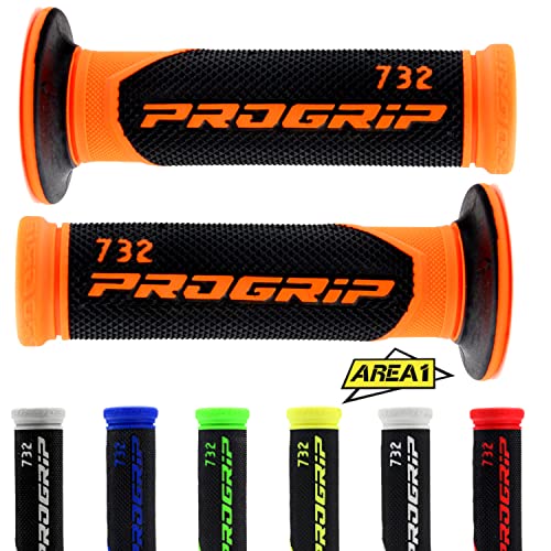 Area1 Progrip 732 Lot de 2 poignées de guidon de moto, en caoutchouc, 1 pièce de 22 mm et 1 de 24 à 25 mm, avec autocollant Area1, orange
