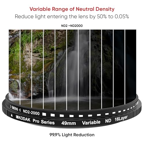 Image of Kodak 49mm Camera Lens VND Filter Pro Series|11 Stops for ND2-ND2000|16 Layer Coating for DSLR Camera Lens Protection from UV Rays, Dust & Scratches|Variable Neutral Density|Black