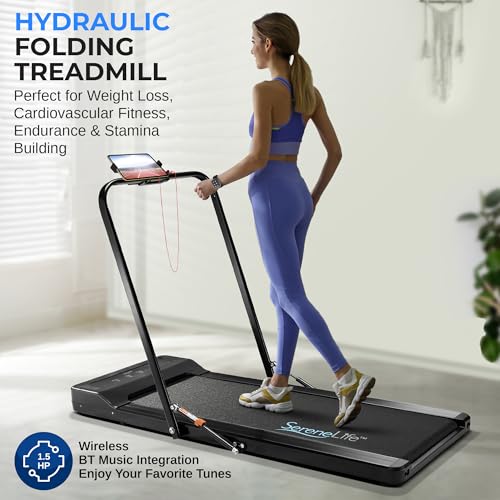 SereneLife Folding Treadmill Exercise Running Machine, Under Desk Storage, Electric Motorized with16 Pre-Set Program, Bluetooth Integration, Home Gym/Office, Walking or Jogging, 265lbs Capacity