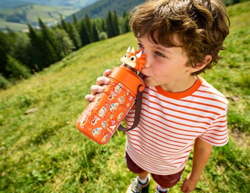 POWCAN 12 oz Kids Water Bottle Insulated: 2-in-1 Straw Spout Lid with Soft Animal Head, BPA-Free, Leakproof, Keep Cold 24H, Backpack Friendly, Stainless Steel Cup for School, Trip, Gift (Sunny Trike) - image 7