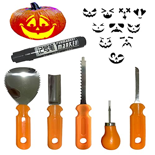 Halloween Pumpkin Carving Kit Tools, Professional Beginners Heavy Duty Stainless Steel Sets Manual Knife with Bag Engraving Paper Crafts, Easily Sculpting