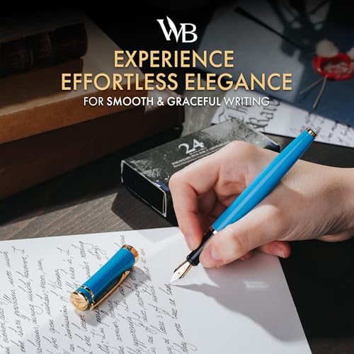 Image of Wordsworth & Black Fountain Pen Set for Writing, Medium Nib, Sky Blue | Gift for Men & Women, Brass Body, 18K German Iridium, Calligraphy, Converter + 24 Ink Cartridges, Refillable, Leak-Free