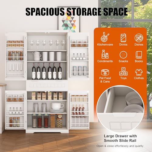 Image of 72 inch Tall Kitchen Pantry Cabinet with Drawer & Adjustable Shelves,Farmhouse Versatile Modern Compact Pantry Storage Cabinet w /12 Door Shelves,Anti-Tip Safety Design for Small Kitchen,Dining Room