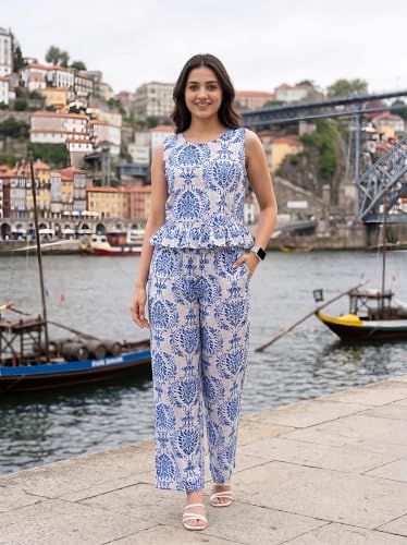 Image of NAINVISH Women Printed Co Ord Set Off Shoulder Ruffle Top High Waist Palazzo Pants Summer Casual Vacation Party Outfit