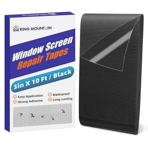 KING MOUNTAIN Black Window Screen Repair Tape,3inX10FT Heavy Duty Screen Repair Kit for Window Screen and Screen Door,Strong Adhesive &amp; Waterproof Window Screen Patch