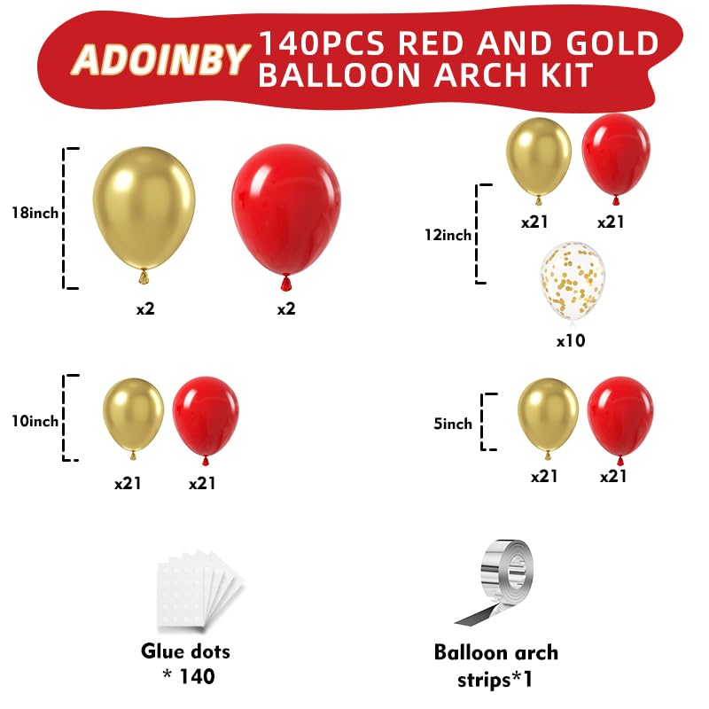 Image of Red and Gold Balloon Arch Kit, ADOINBY 140Pcs Gold Balloon Red Balloon Confetti Balloon 18 12 10 5 Inch Different Size Balloons for Valentine's Day Wedding Birthday Engagements Anniversary Decoration