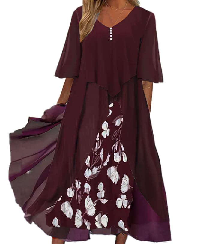 Women's Plus Size V Neck Elegant Flowy Sheer Chiffon Floral Maxi Dress Cocktail Party Wedding Guest Dresses