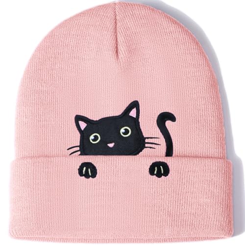 Womens Cat Beanie Cute Cat Lover Gifts Animal Knitted Hats for Women Girls, Pink, One size