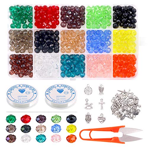 Swpeet 476Pcs 15 Colors 8mm Briolette Rondelle Shape Wholesale Crystal Glass Beads and Threading Needles with Elastic String Cord Scissors and Pendant Beads for Jewelry Making Bracelets, Necklaces