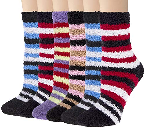 Ysense Womens 6 Pairs Cozy Soft Fuzzy Fluffy Crew Slipper Socks, Style D: Red Black Striped Series, Medium #TOP11