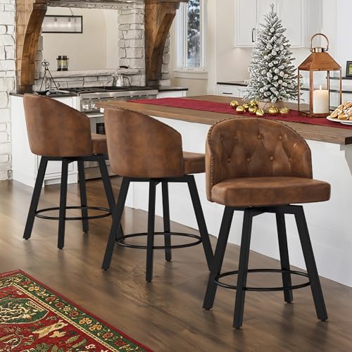 Cozyman Counter Height Bar Stools Set of 3, 26' Swivel Faux Leather Upholstered Bar Stools with Backs and Metal Legs, Retro Counter Stools for Kitchen Island, Dining Room, Pub, Brown