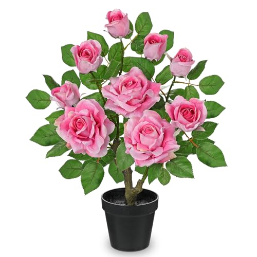 Artificial Rose Flowers Potted Plant - 17.7' Small Fake Pink Roses Tree with Black Pot Indoor...
