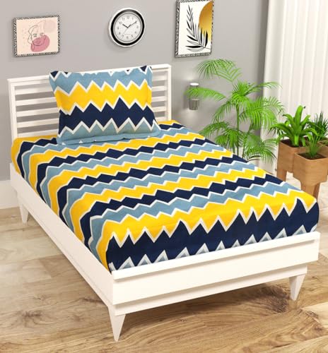 Image of HOMEKART (110 TC & 110 GSM 100% Cotton Feel Bedsheet for Single Bed with One King Size Pillow Covers Soft /Breathable Wrinkel Free -60x90 Inches - (Yellow & Blu)