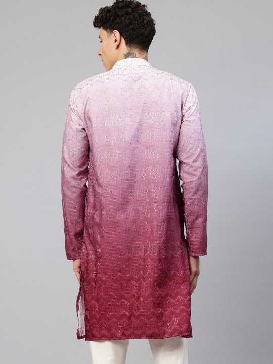Image of Luxrio Men's Ombre Shaded Sequence Self Embroidered Textured Long Kurta Full Sleeves - Casual Ethnic Wear