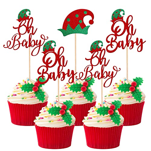 24 PCS Christmas Elf Oh Baby Cupcake Toppers With Glitter Hat - Baby Shower Gender Reveal Picks for Elf Theme Kids Birthday Party Cake Decorations Supplies