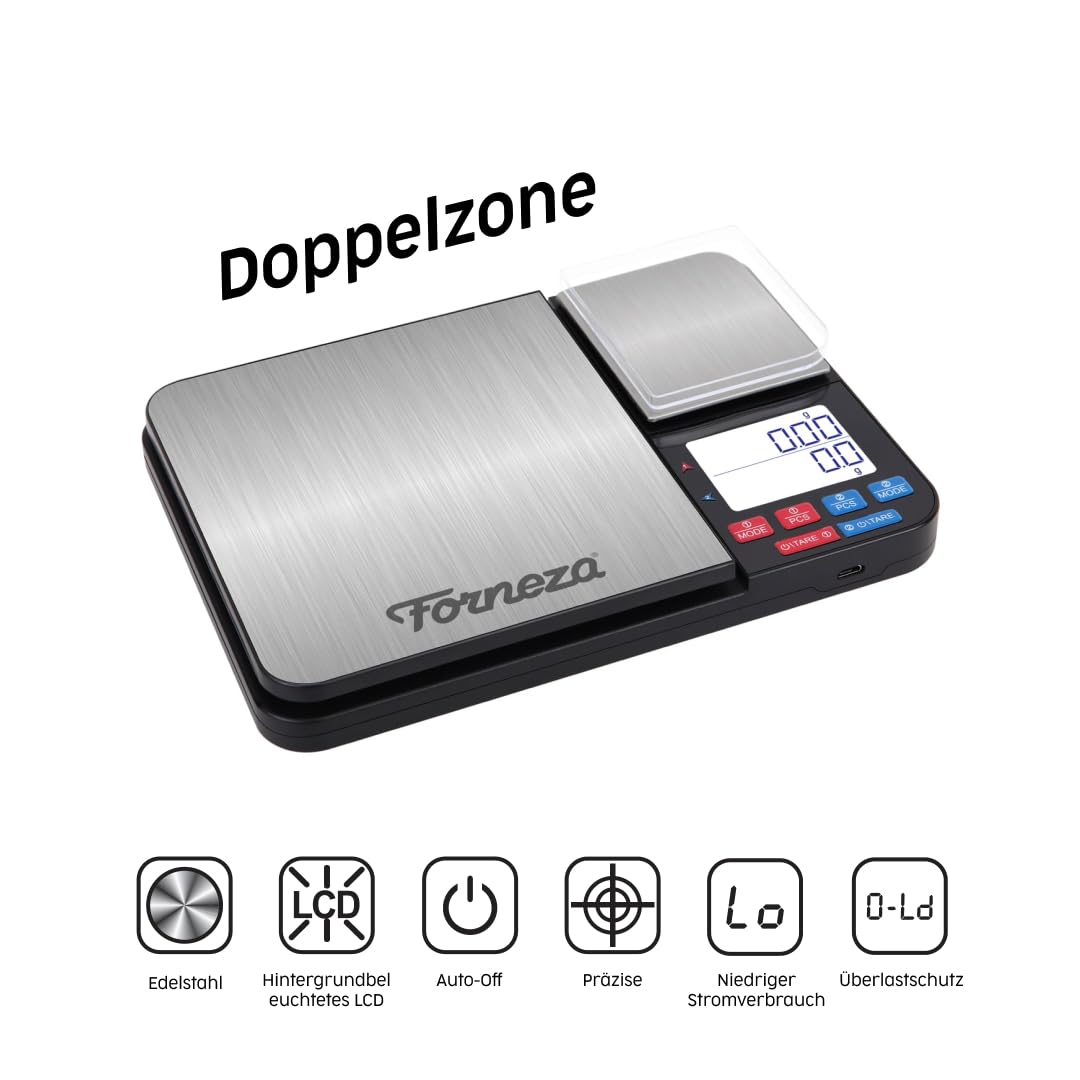 Digitale Lebensmittel-Waage mit Zwei Plattformen I Küchen Feinwaage mit 7 Einheiten, Tara, PCS, Auto-Off, für Küche, Schmuck, Backen, Kochen