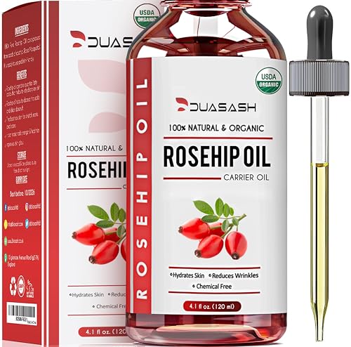 Dusash Aceite de Rosa Mosqueta Puro 100% 𝟭𝟮𝟬𝐦𝐥 Orgánico Prensado en Frío Bio sin Refinar Rosehip Oil para Cicatrices y Estría, usado como Hidratante para Cara, Cabello y Piel