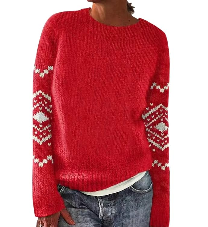 Fair Isle Sweater Women Knitted Pullover Vintage Sweaters Casual Loose Long Sleeve Crewneck Christmas Sweaters
