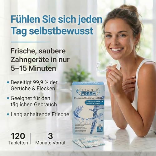 Retainer Fresh Zahnschiene Reinigungstabletten - Zahnspangenreiniger für Retainer, Aligner, Knirscherschiene und Aufbissschiene - Reinigt in 5 Minuten - 120 Stück
