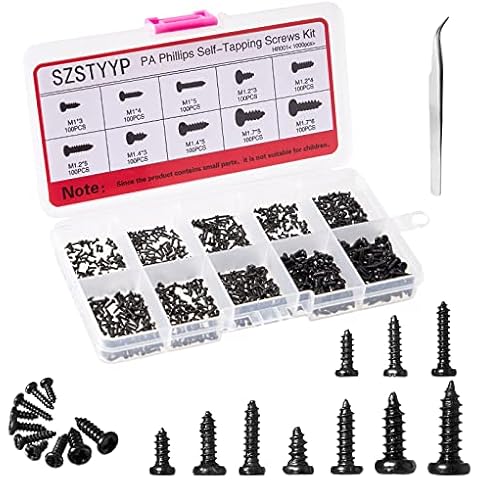 Small Screw Set Assortment M1 M1.2 M1.4 M1.7 Black Flat Head Self-Tapping Watch Screws 1000 Pieces Phillips Replacement Screws for Glasses Watch Toy Cover