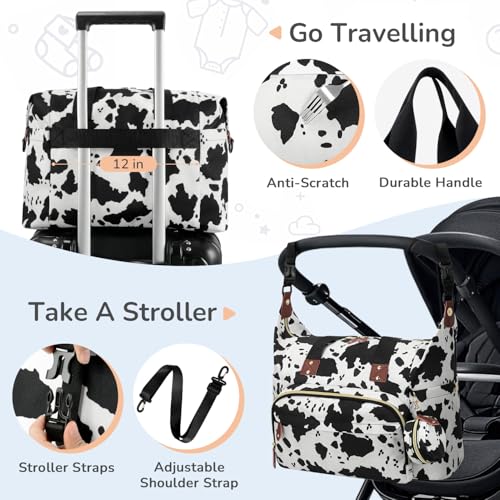 Image of Tenot Diaper Bag Tote with Pacifier Case, Baby Bag for Women with Shoulder Straps, Travel Diaper Tote for for Mom and Dad Cow Print